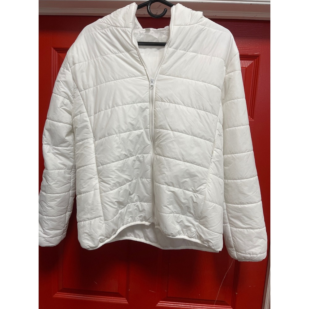 White Quilted Puffer Jacket with Hood Full Zip Lightweight Outerwear L